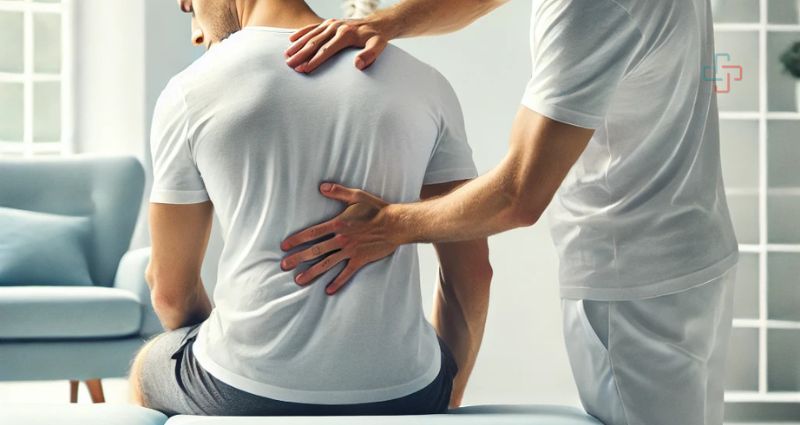 Physiotherapist assisting a patient with back pain relief through stretching exercises in a modern wellness clinic.