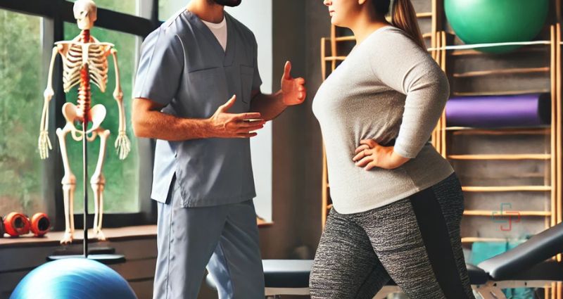 Professional physiotherapy session focused on weight management, mobility improvement, and personalized exercise therapy.